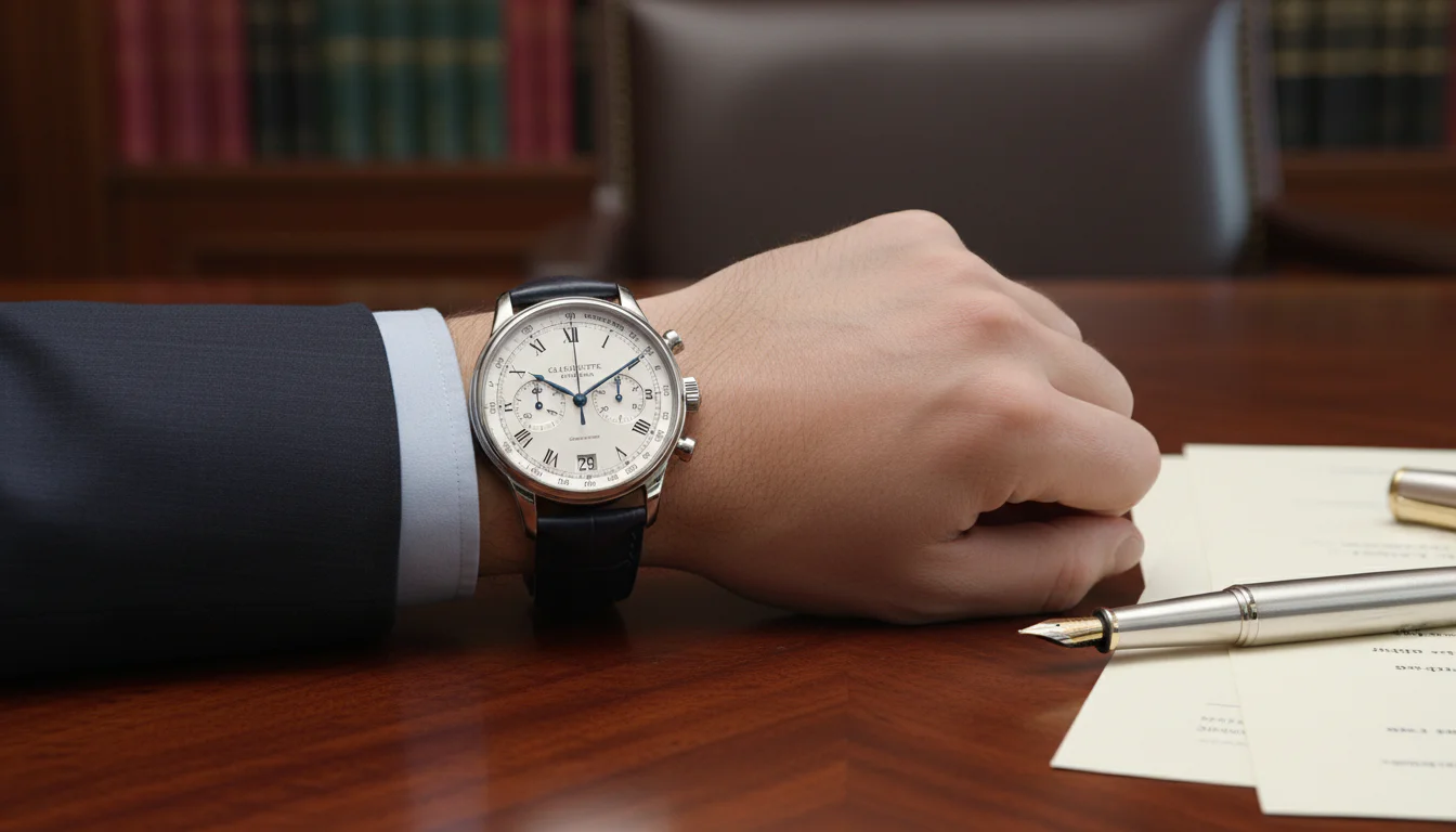 Wrist shot of the Glashütte Original Senator Chronograph in an office setting