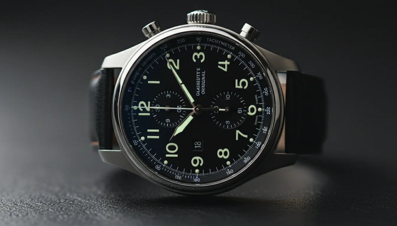 Macro shot of the Glashütte Original Senator Chronograph Navigator dial with Arabic numerals and tachymeter bezel