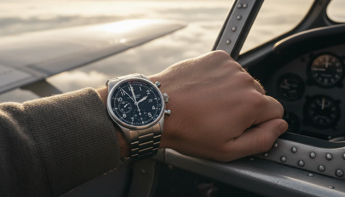 Wrist shot of the Glashütte Original Senator Chronograph Navigator near a vintage aircraft cockpit