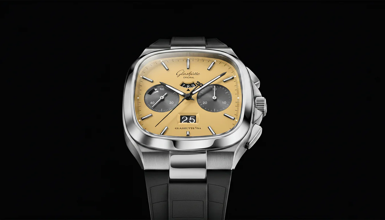 Glashutte Original Seventies Chronograph Panorama Date steel watch, TV-shaped case, front view