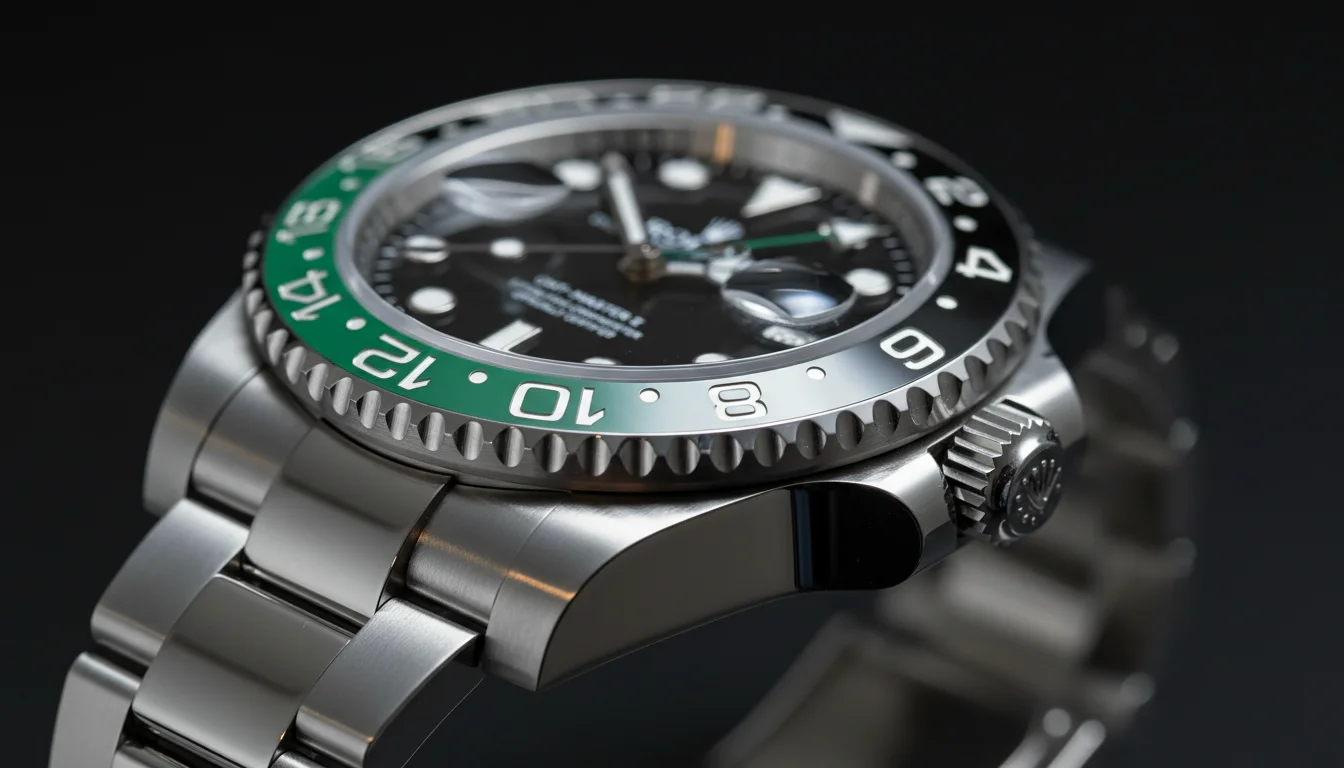Macro shot of a bicolor 24-hour ceramic GMT bezel showing the full numeral scale
