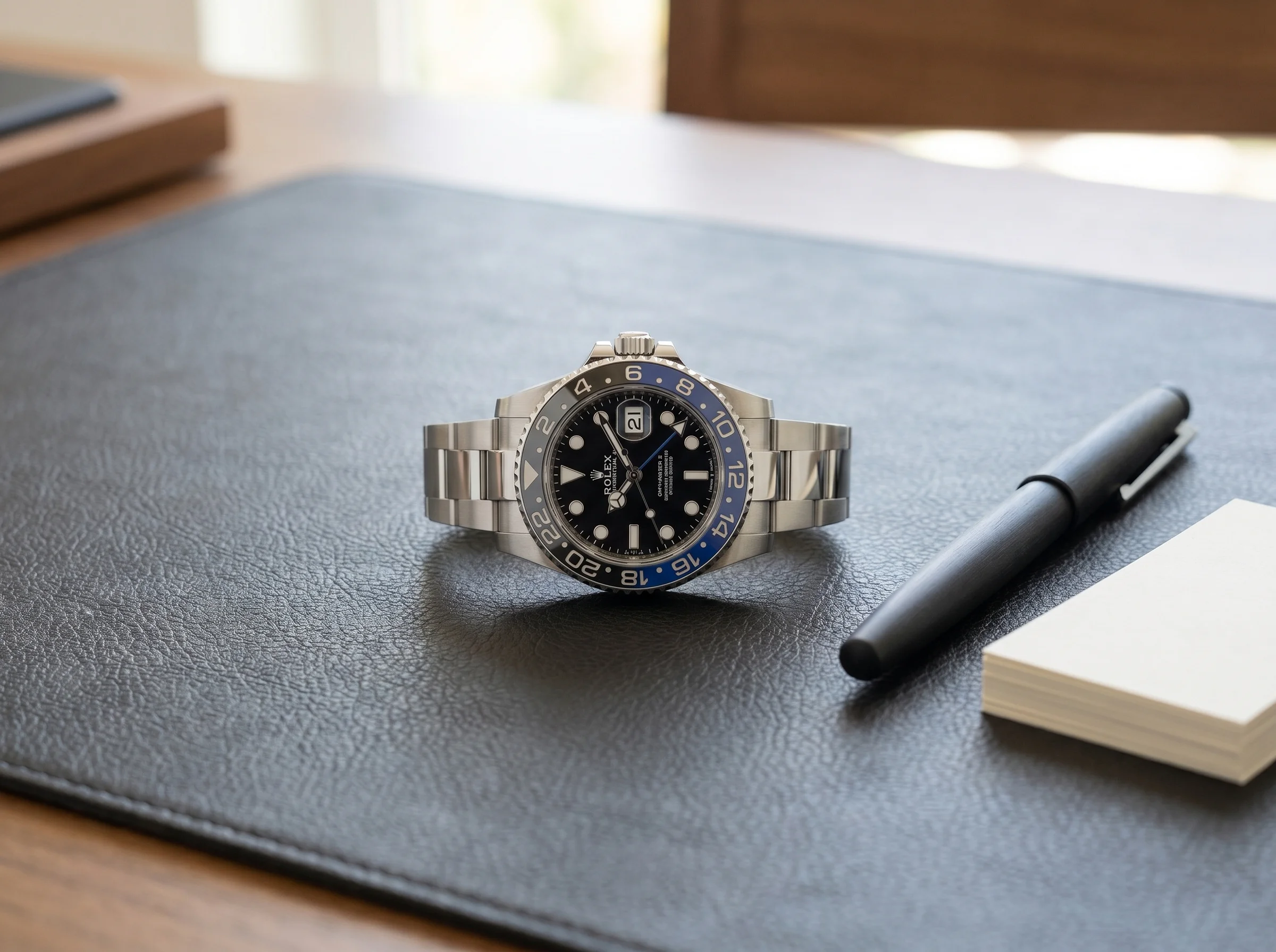 Rolex GMT-Master II Batman 126710BLNR top-down on a charcoal leather desk pad beside a fountain pen