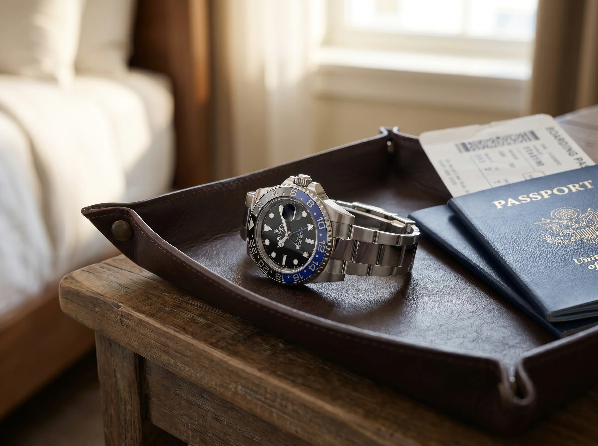 Rolex GMT-Master II Batman 126710BLNR side profile on a leather valet tray beside a passport and boarding pass