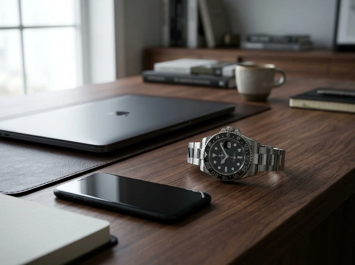 Black-bezel GMT-Master II on a walnut office desk beside a laptop and smartphone.