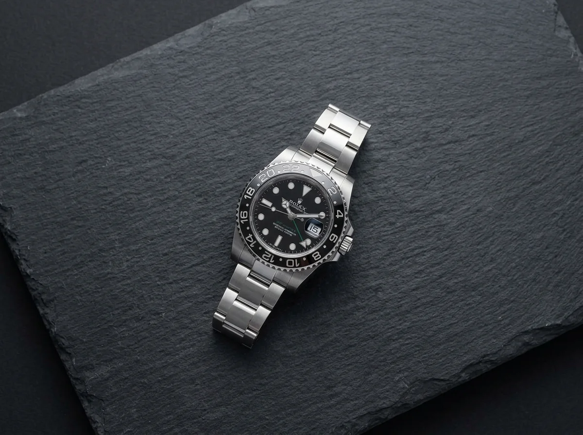Steel black-bezel GMT-Master II with green GMT hand on a dark slate slab.
