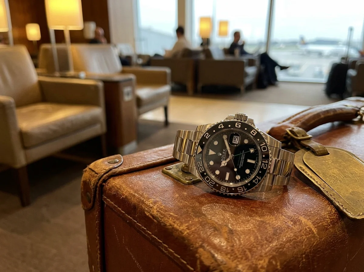 Black-bezel GMT-Master II resting on a leather suitcase with a brass luggage tag.
