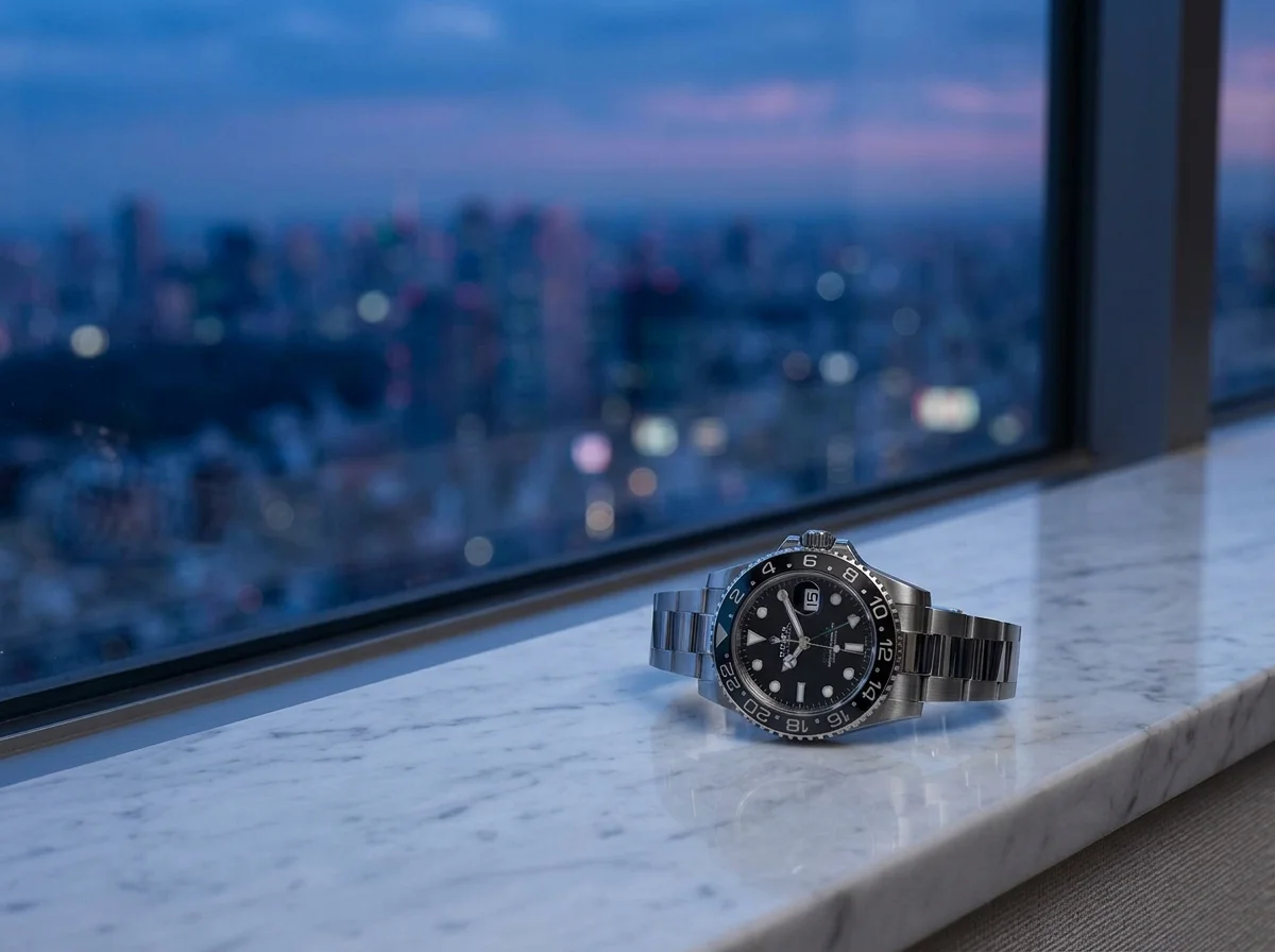 Black-bezel GMT-Master II on a marble windowsill with a city skyline at dusk.