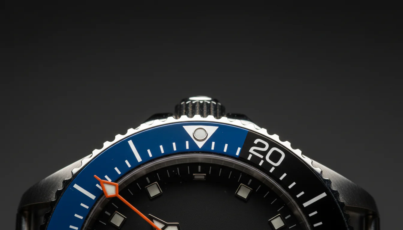 Close macro of an orange GMT hand crossing a blue and black 24-hour bezel
