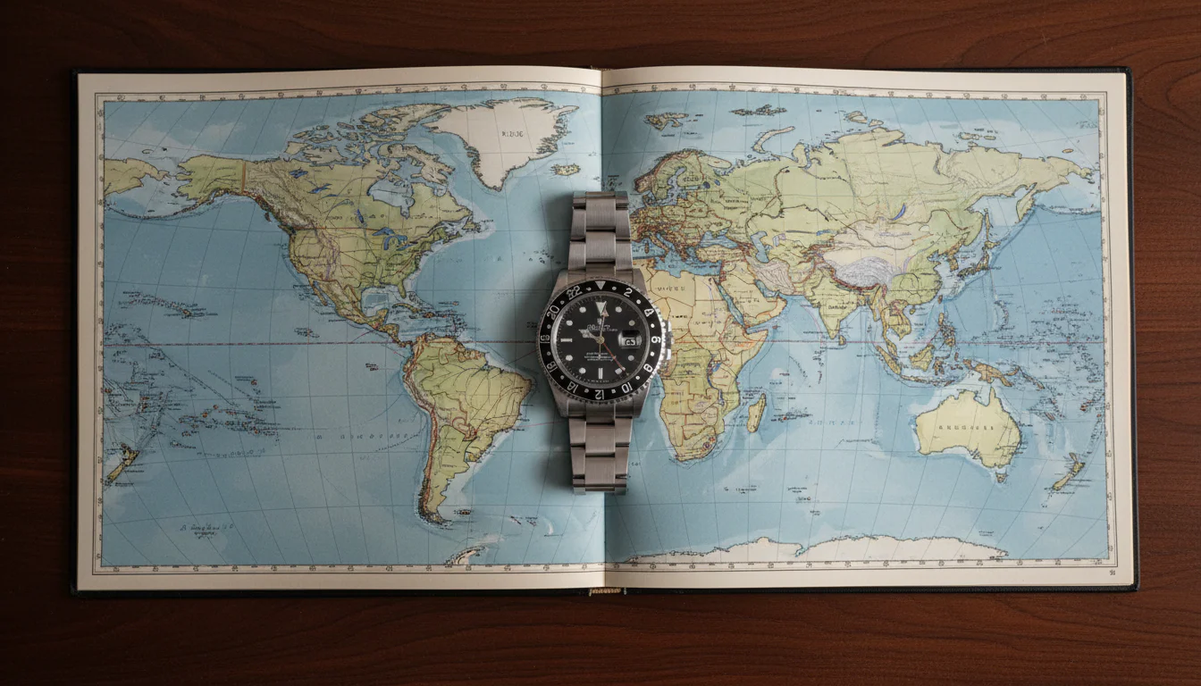 A GMT watch resting on an open world atlas showing time zone lines