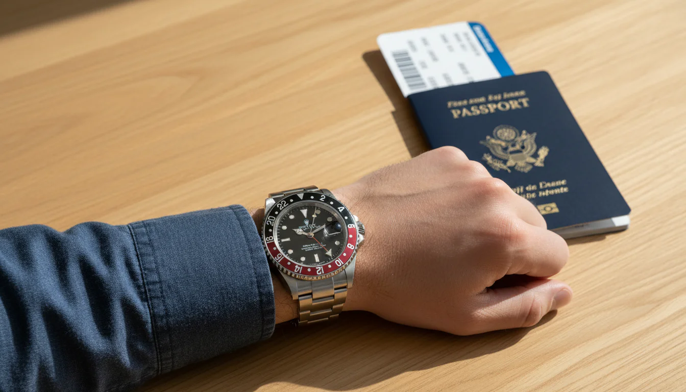 A GMT watch worn on the wrist next to a passport and boarding pass