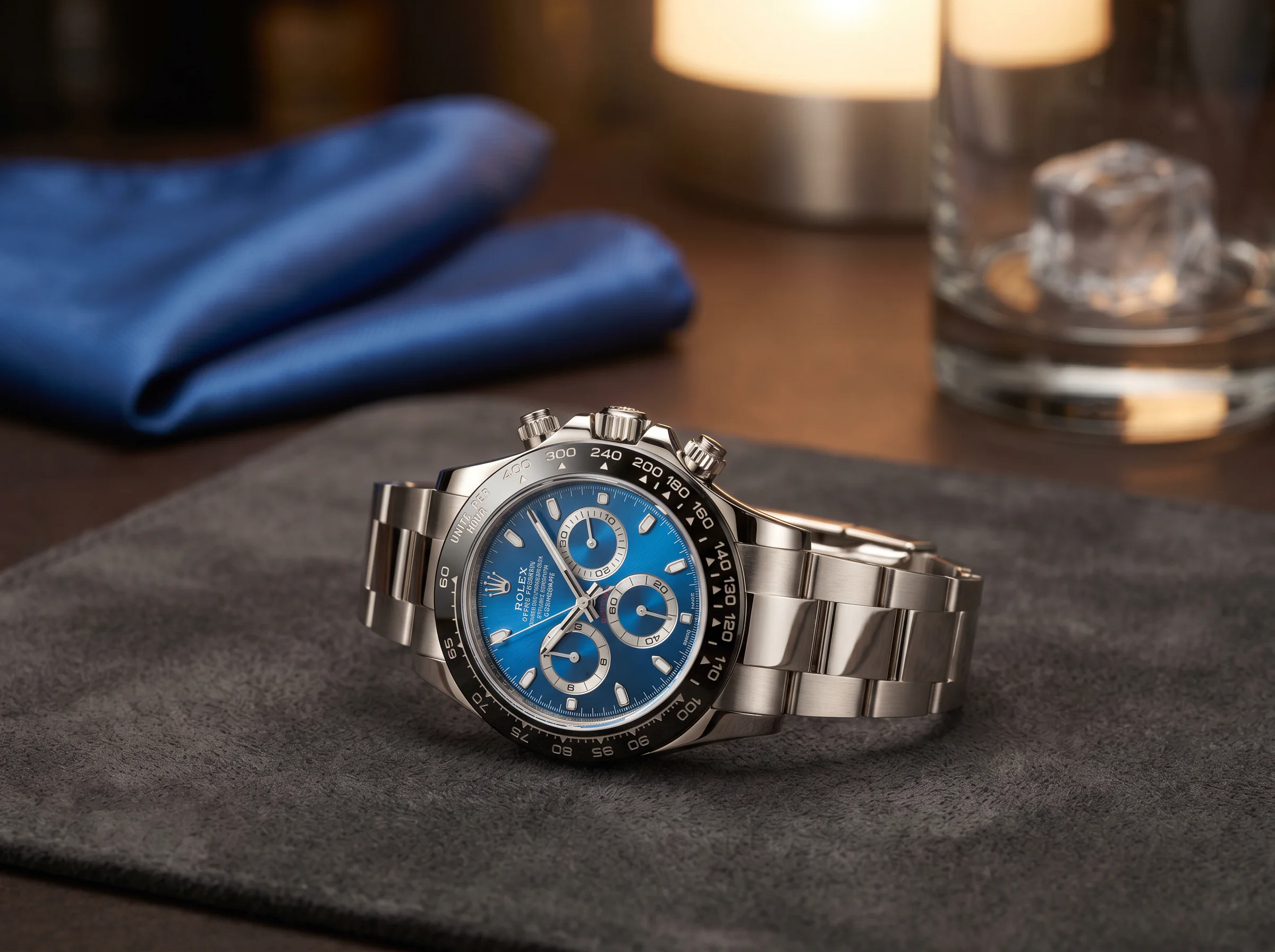White gold Rolex Cosmograph Daytona 126509 with black Cerachrom bezel and blue sunburst dial