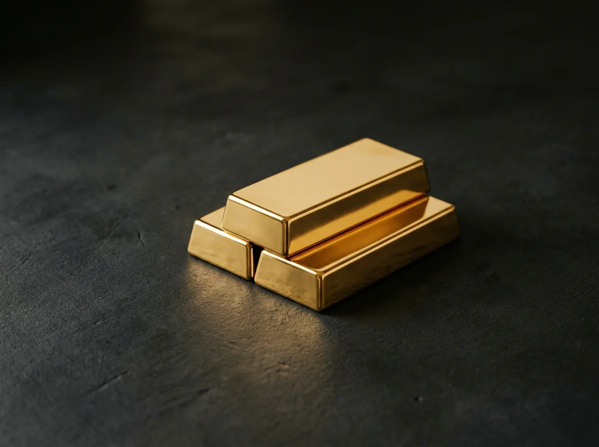 A stack of plain polished gold bars on a dark surface.