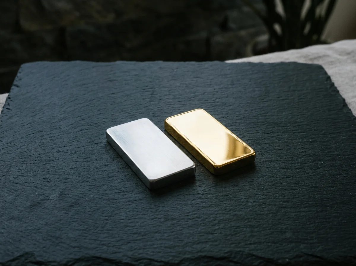 A silvery-white platinum bar beside a yellow-gold bar on a dark slate surface.