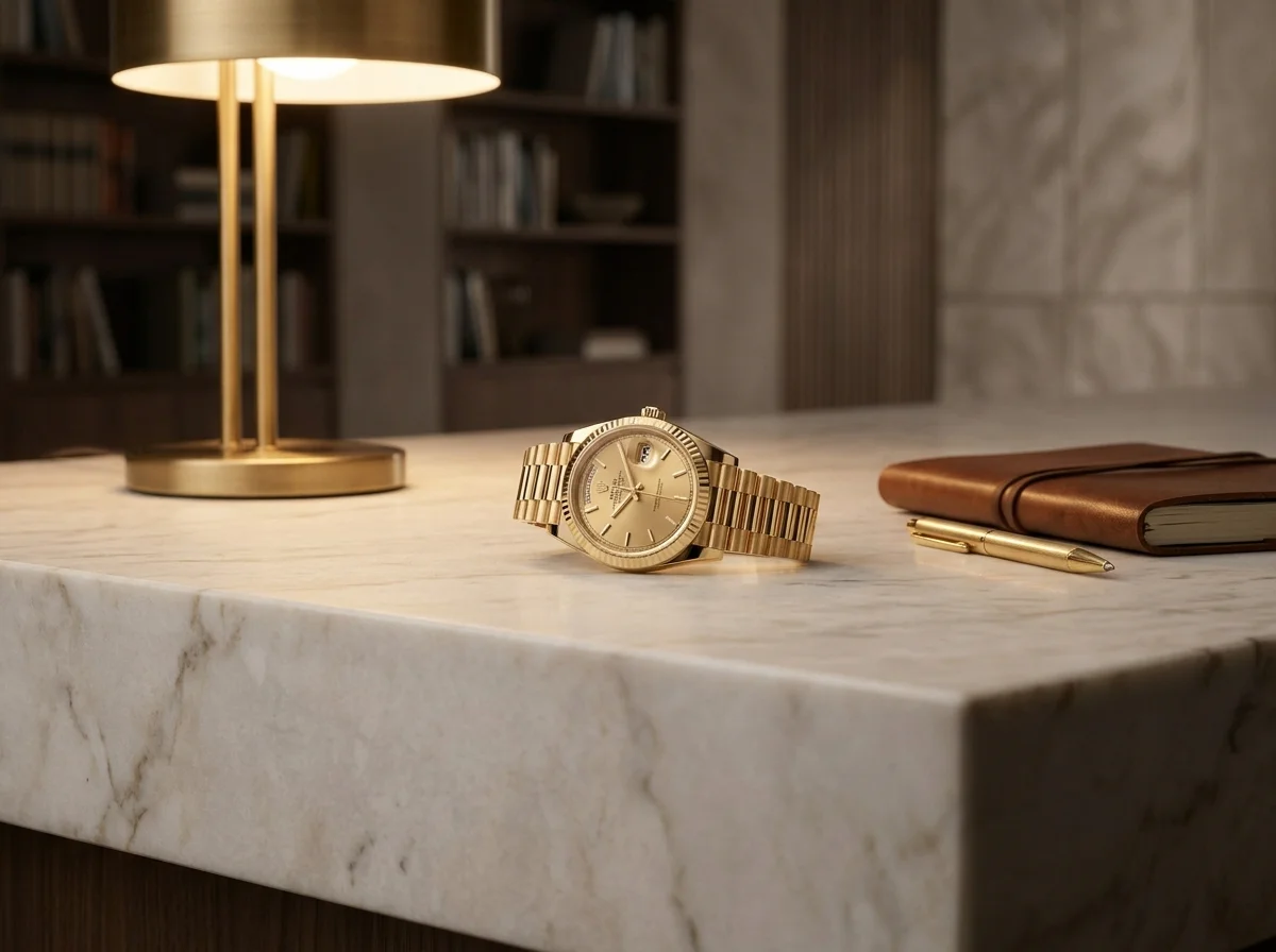 Yellow-gold President-style dress watch on a pale marble counter near a brass lamp.