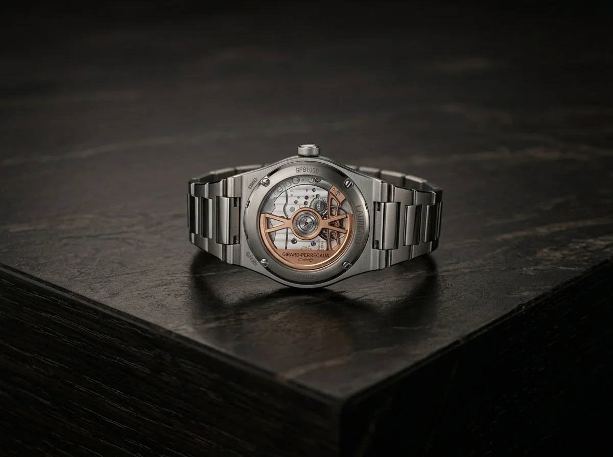 Girard-Perregaux Laureato Fifty GP4800 caseback showing Three Bridges movement with skeletonised oscillating weight