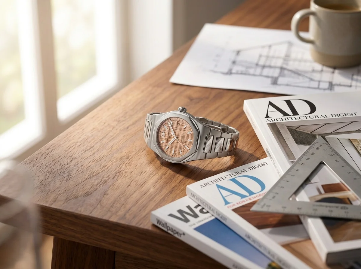 Girard-Perregaux Laureato Fifty 39mm copper rose gold hobnail dial on wooden desk beside design magazines