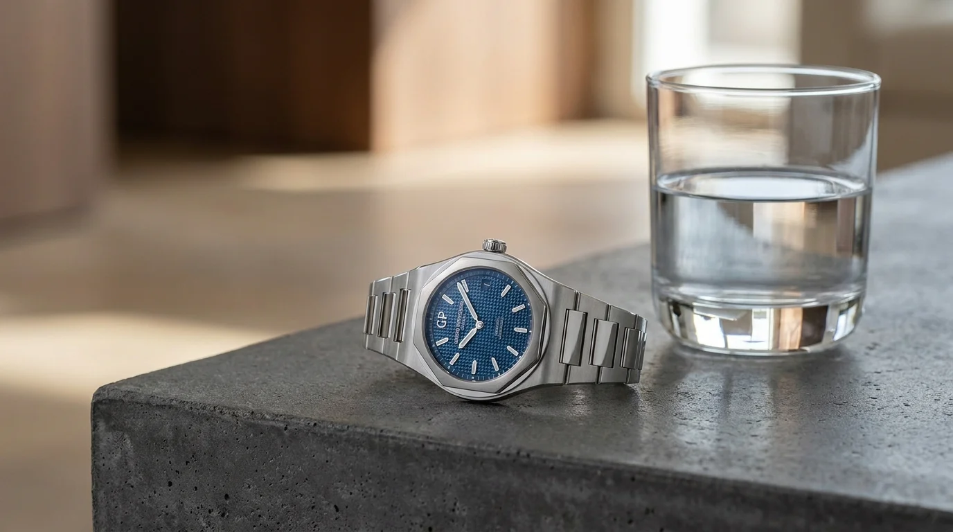 Girard-Perregaux Laureato Fifty 39mm blue enamel Clous-de-Paris dial on dark grey textured surface, editorial