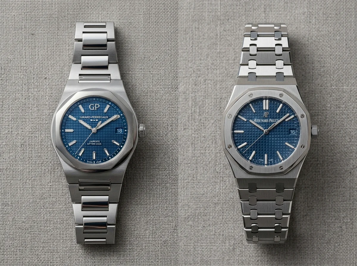 Girard-Perregaux Laureato Fifty steel beside Audemars Piguet Royal Oak steel comparison flat lay on grey linen