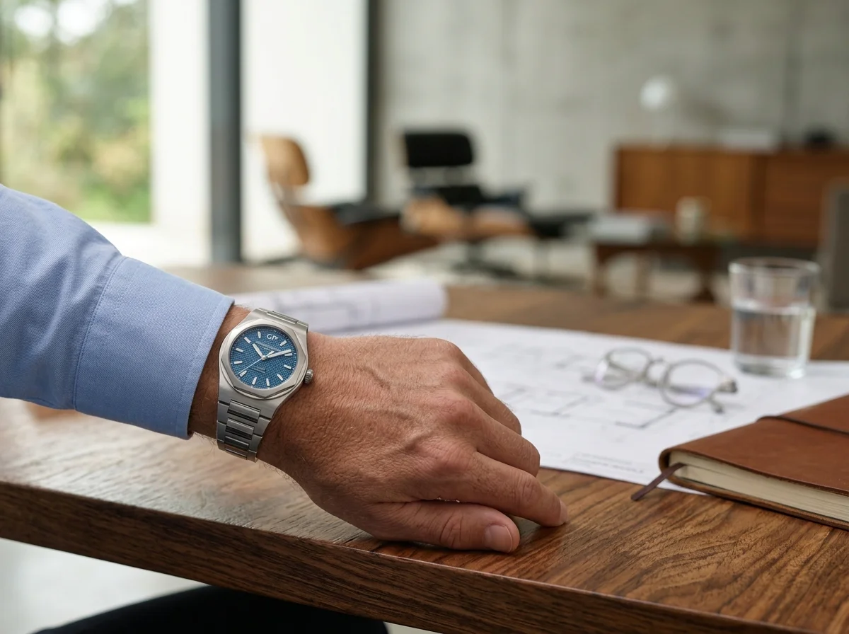 Girard-Perregaux Laureato Fifty 39mm worn on wrist, business casual shirt, indoor natural light