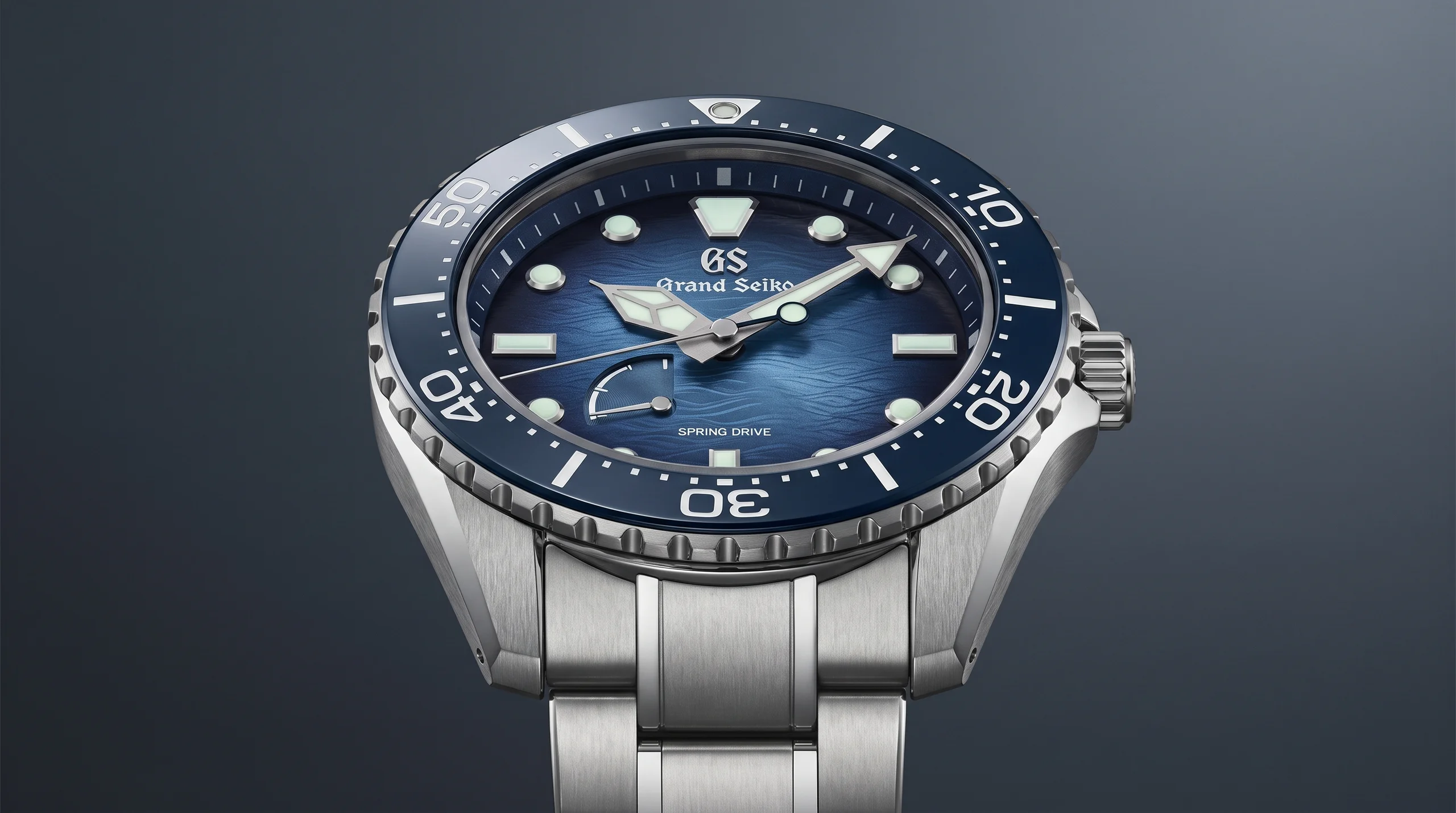 Grand Seiko Spring Drive Ushio 300 Diver with blue textured dial and power reserve indicator