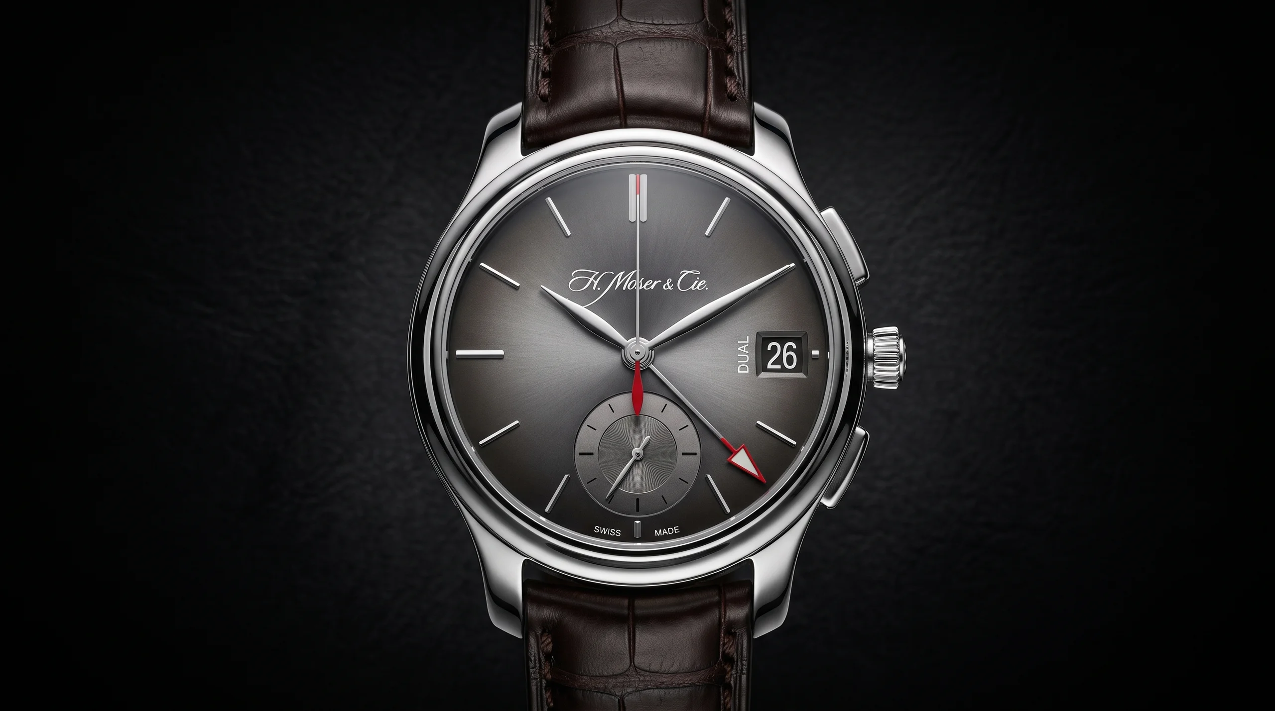 H. Moser Endeavour Flyback Chronograph Dual Time Date with minimalist fume dial and red GMT hand