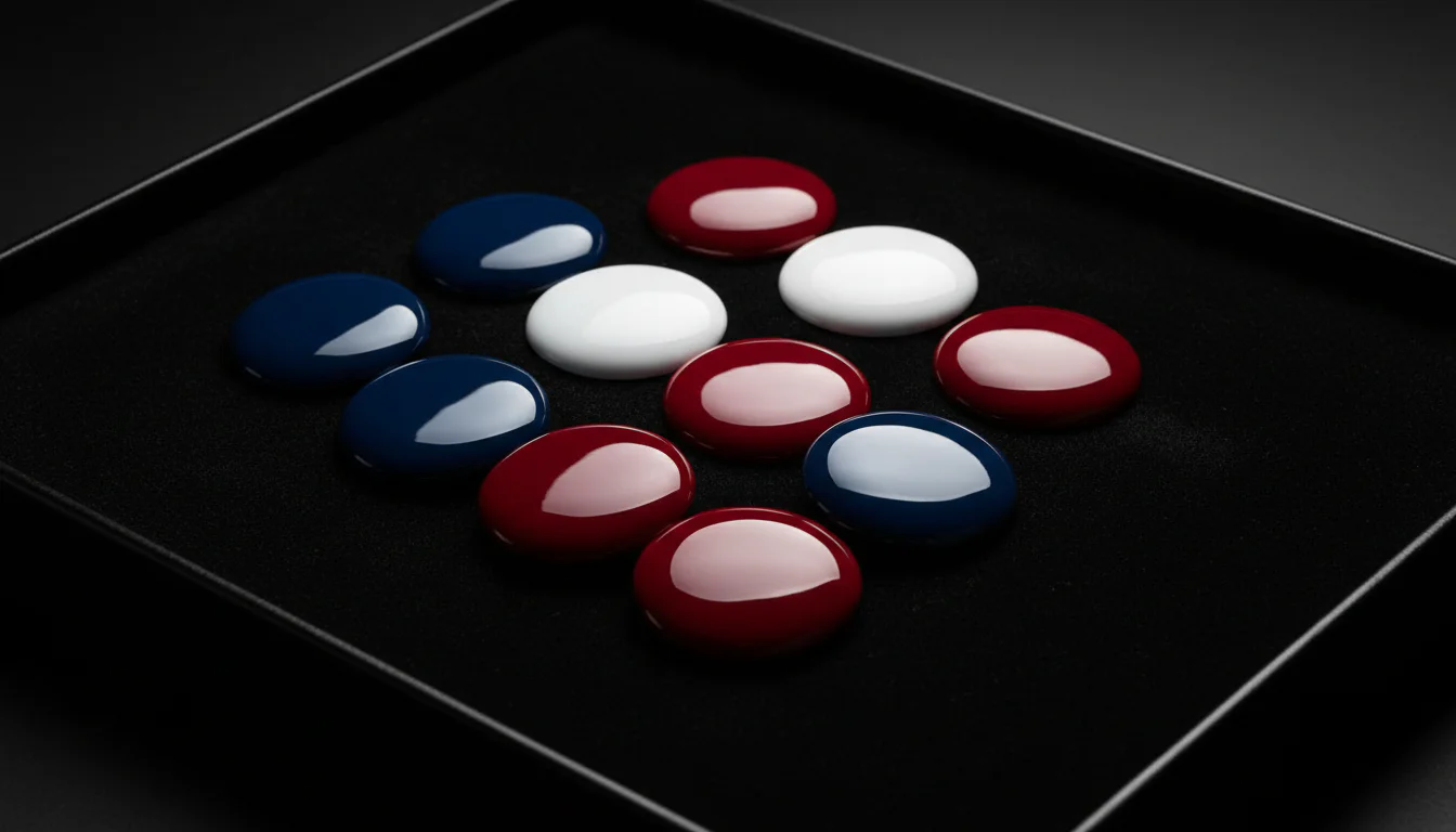 Several small round enamel watch dial blanks in blue, white, and red arranged on a velvet tray
