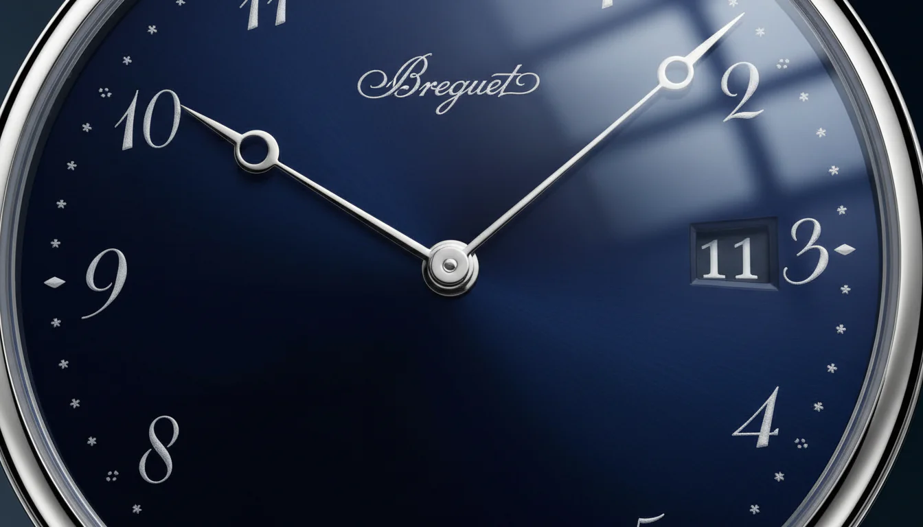 Extreme macro of a glossy deep blue grand feu enamel watch dial