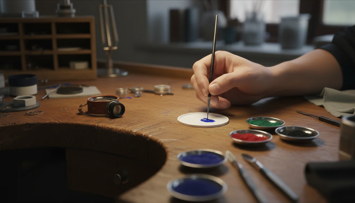 Artisan hand applying colored enamel powder paste onto a watch dial blank on a workbench