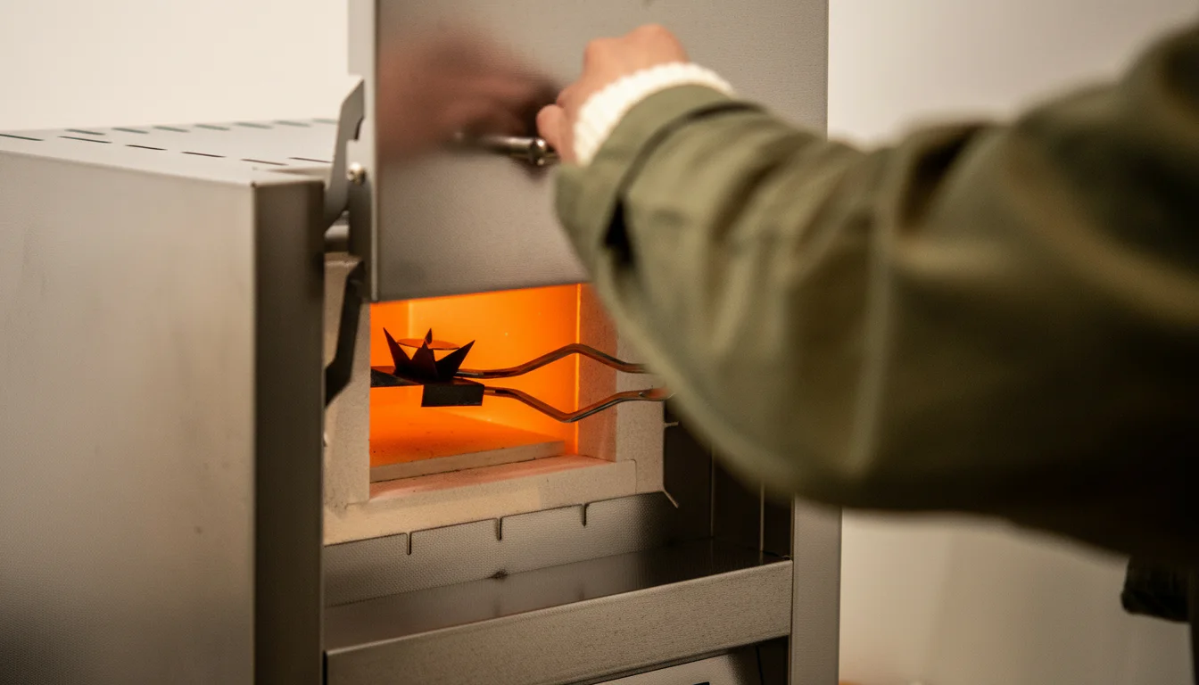 Artisan placing watch dial blanks into a glowing hot kiln for enamel firing