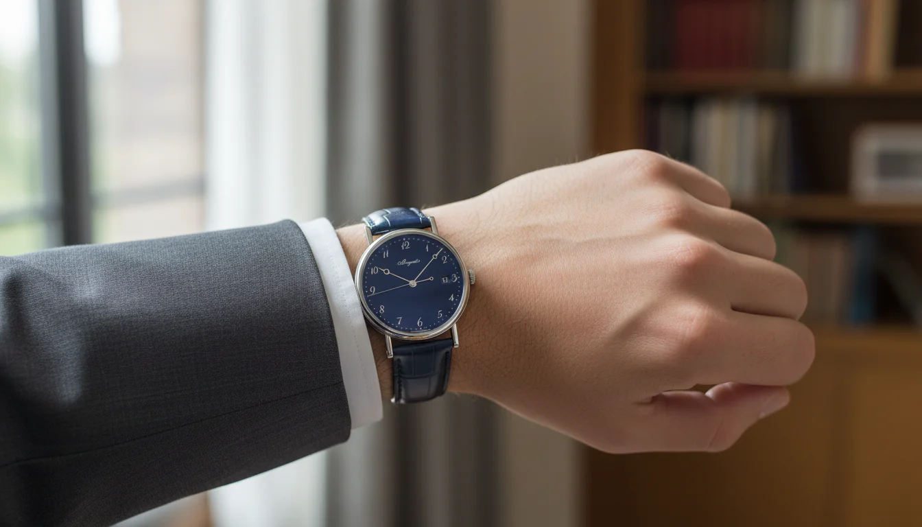 Wrist wearing an elegant dress watch with a glossy deep blue enamel dial