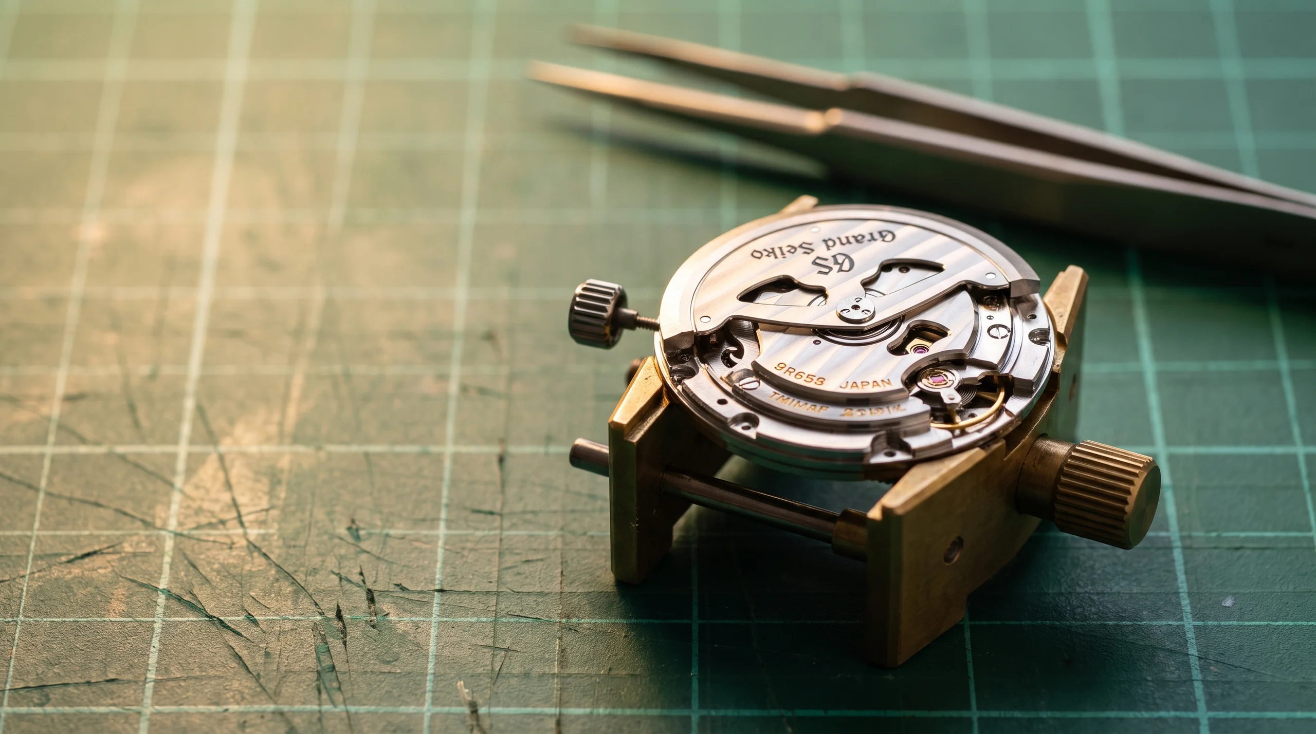 Grand Seiko 9R Spring Drive movement on a watchmaker's bench, the caliber behind the Snowflake