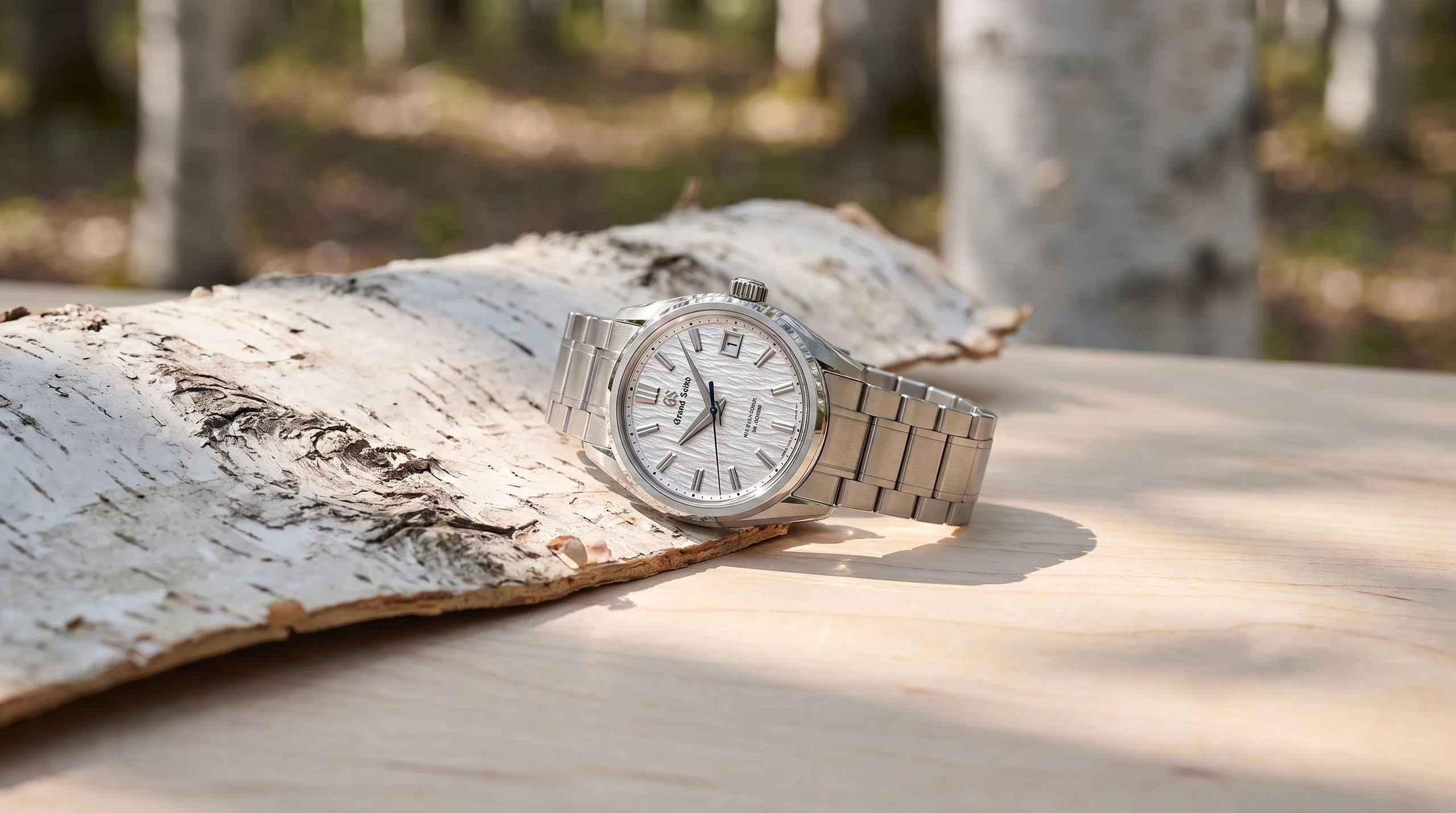 Grand Seiko White Birch SLGH005 Hi-Beat with birch-textured dial, a key Grand Seiko reference