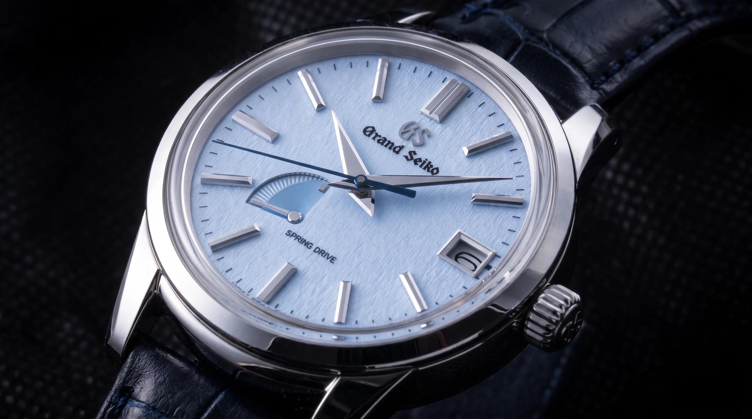 Grand Seiko Skyflake SBGA407 light blue textured dial steel wristwatch