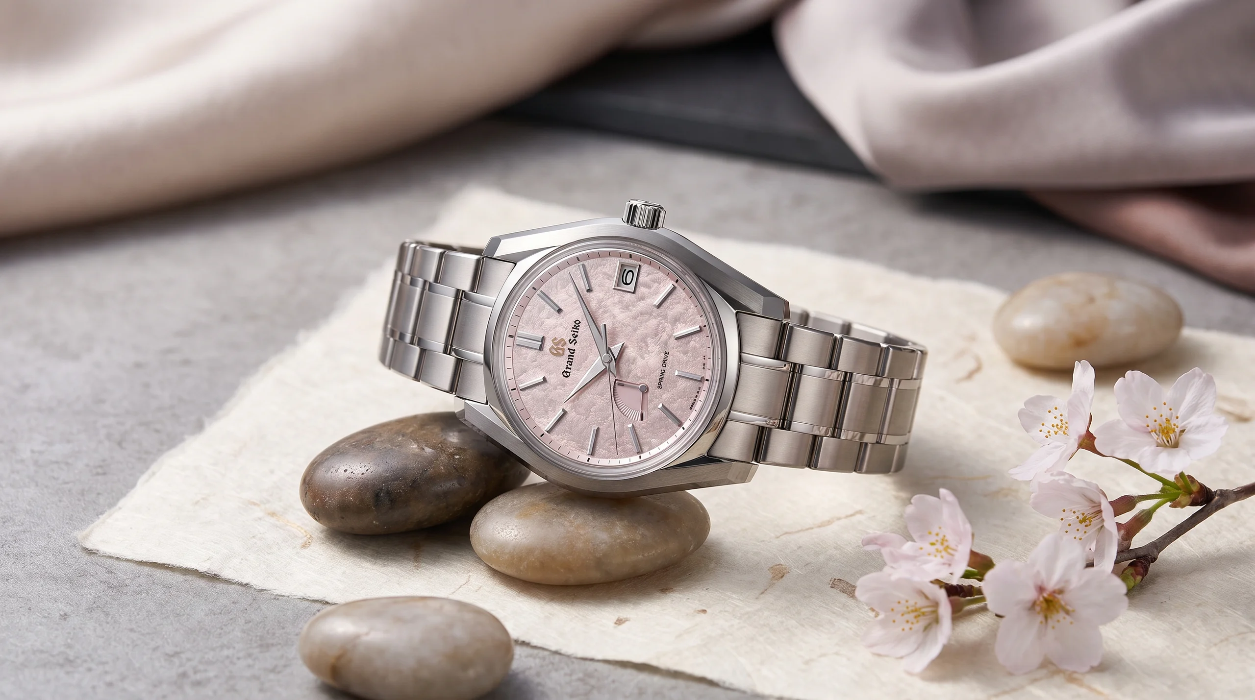 Grand Seiko SBGA529 Peach Blossom Spring Drive 9R65, close editorial detail shot