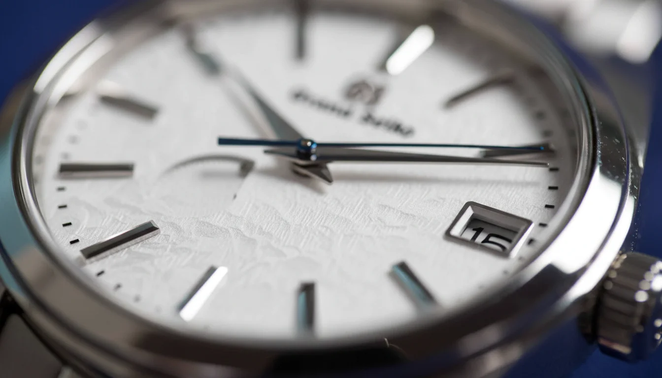 Extreme macro of a Grand Seiko Snowflake textured white dial with blue steel hands