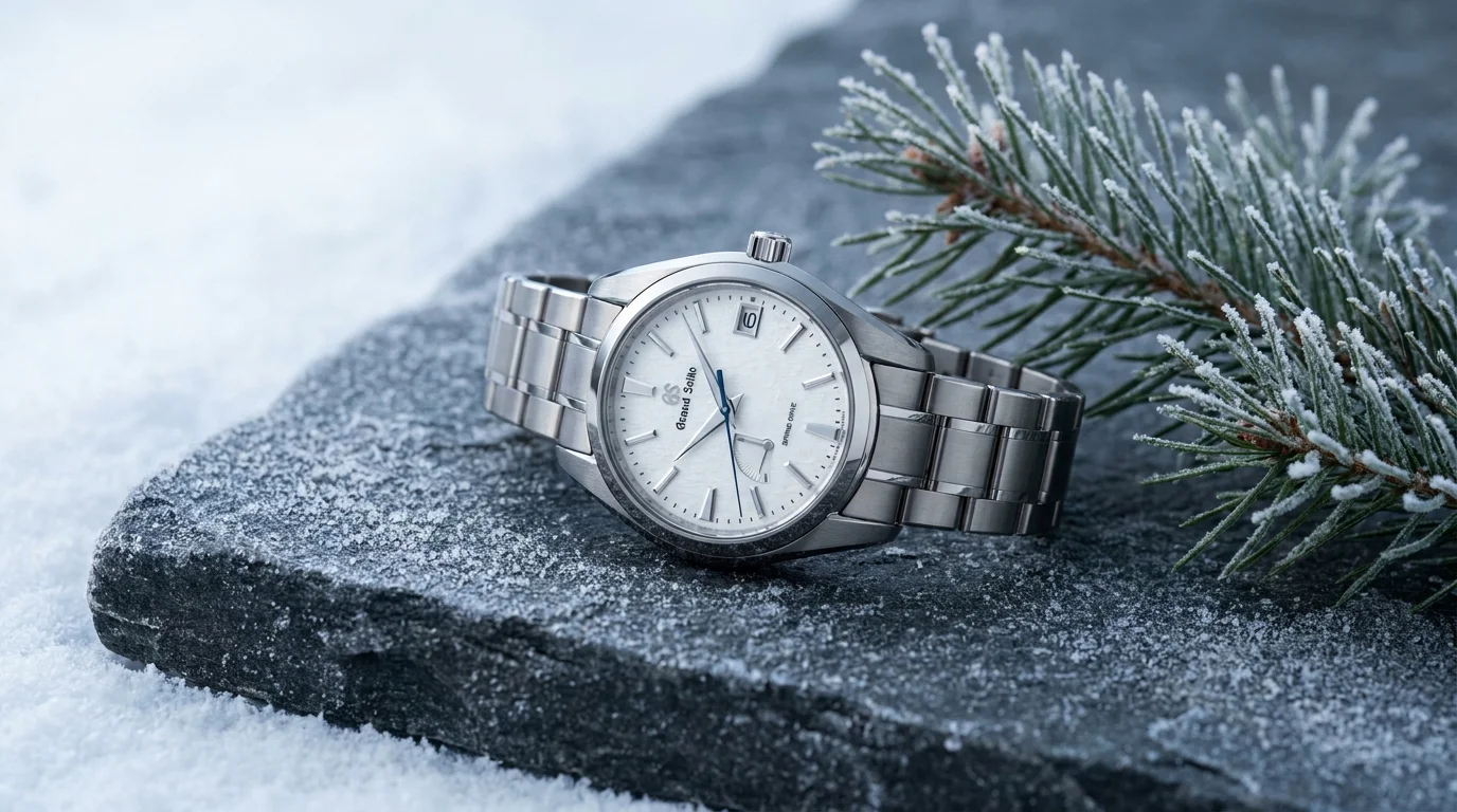 Grand Seiko Snowflake SBGA211 Spring Drive on frosted dark stone with pine sprig, winter light editorial