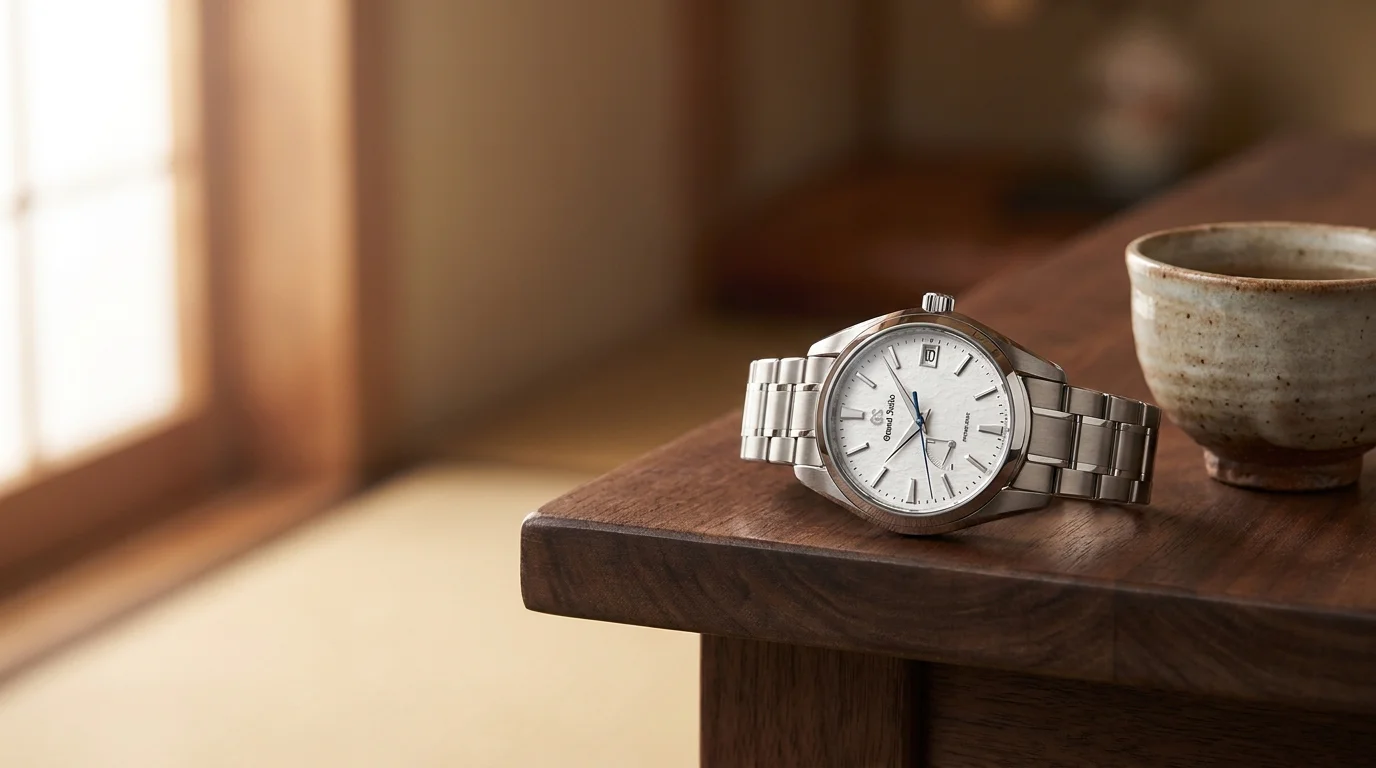 Grand Seiko Snowflake SBGA211 Spring Drive on dark walnut surface beside ceramic tea cup, morning light editorial