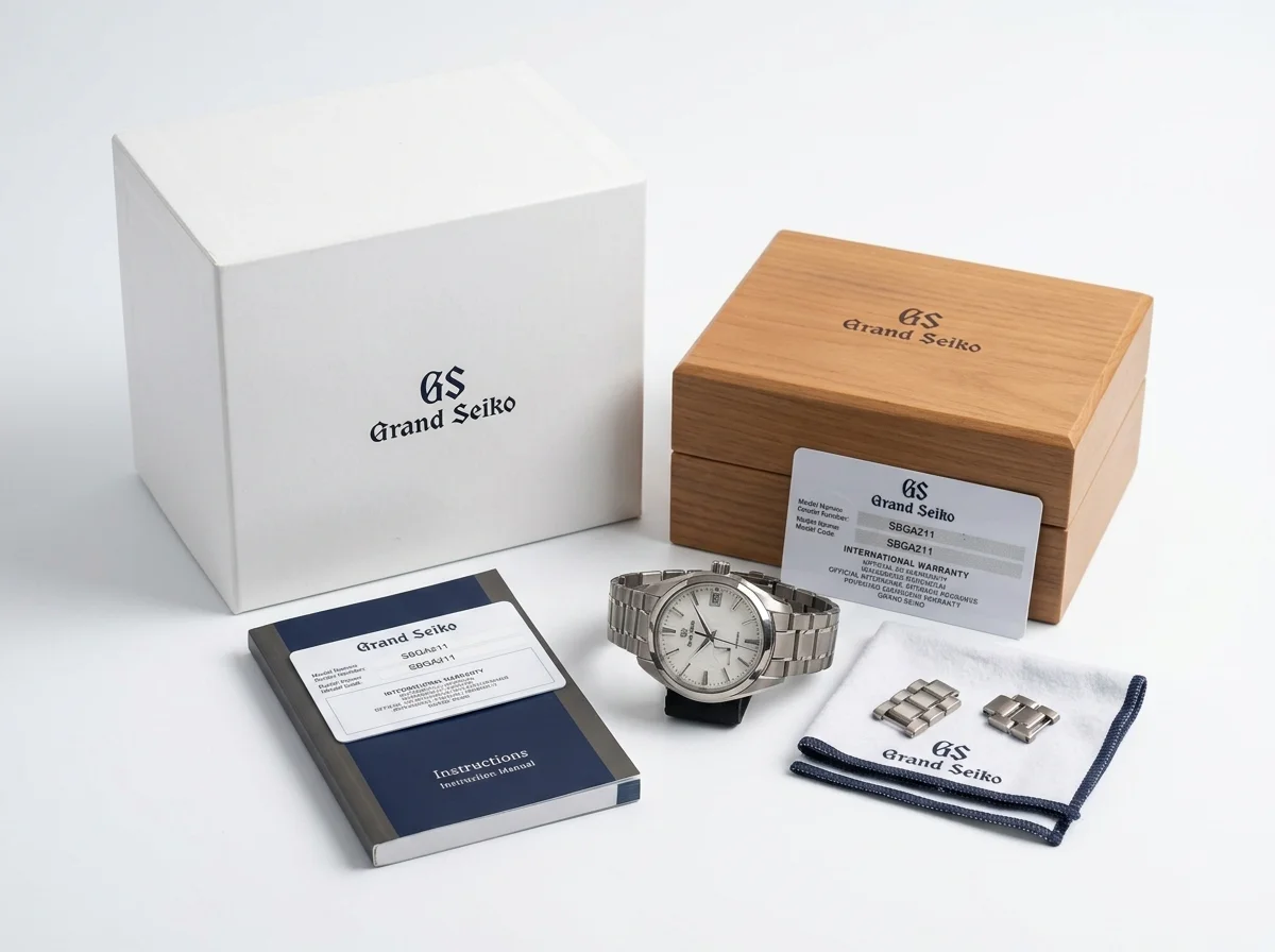 Grand Seiko Snowflake SBGA211 with original outer box and warranty card full set presentation on white surface