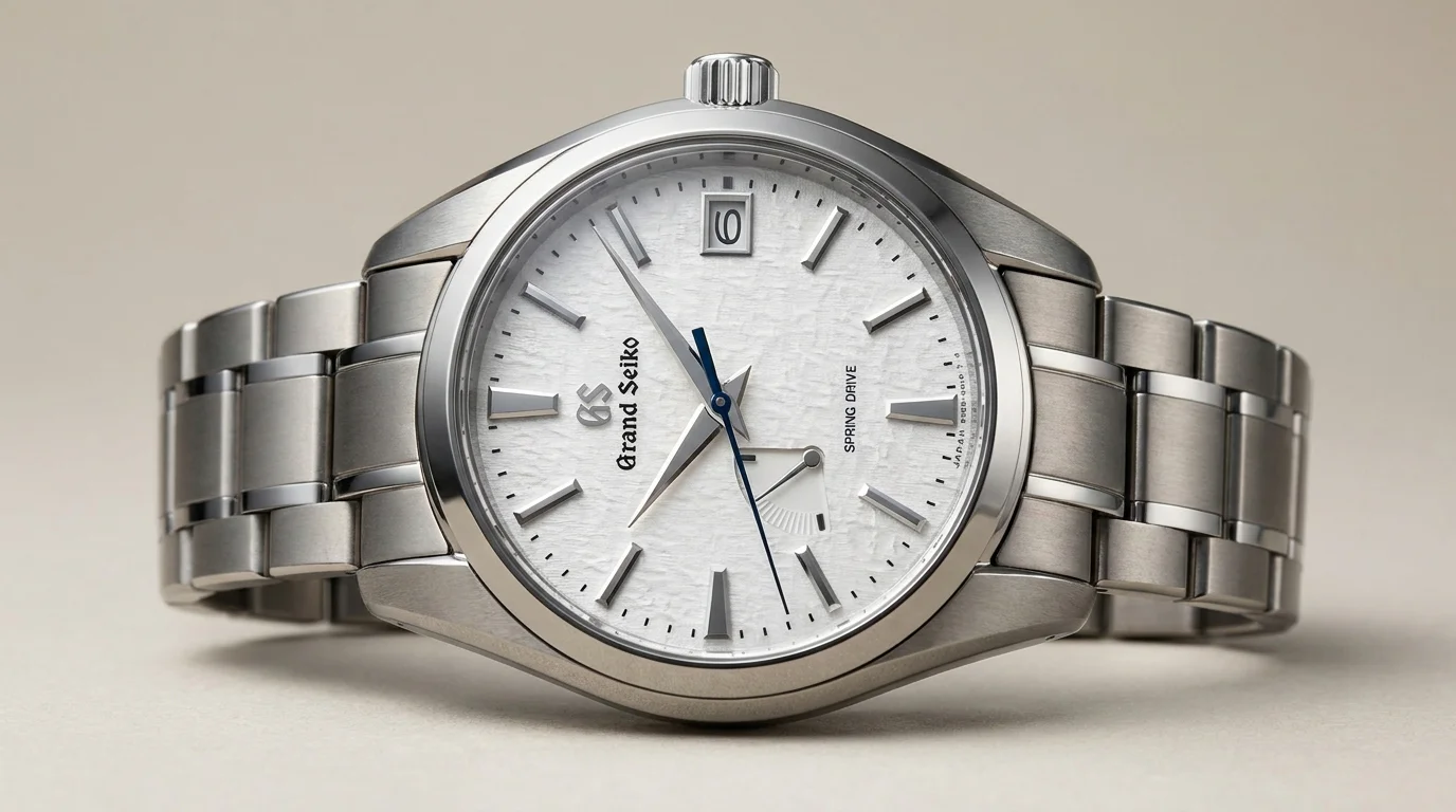 Grand Seiko Snowflake SBGA211 in titanium with a textured silver dial.