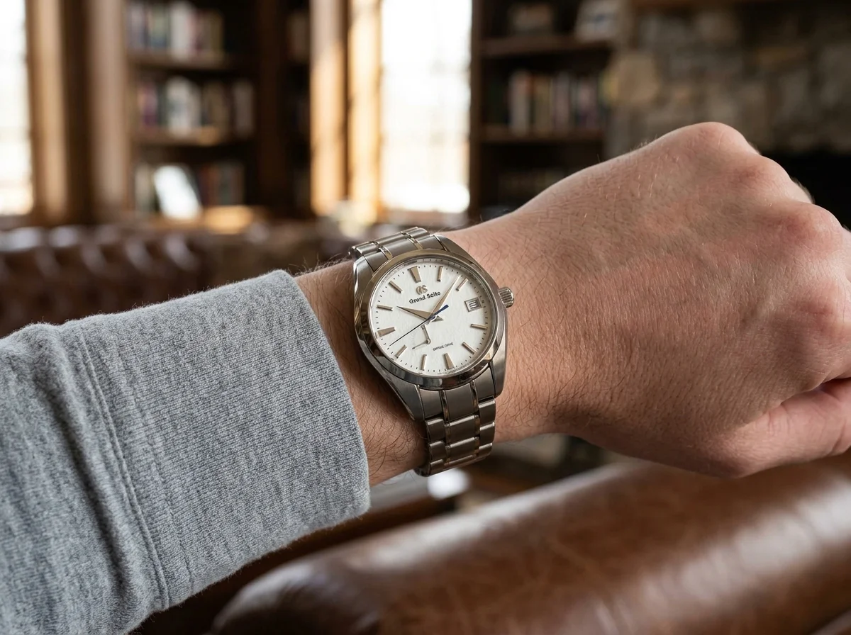 Grand Seiko Snowflake SBGA211 worn on wrist indoors, white textured dial, titanium bracelet, natural light