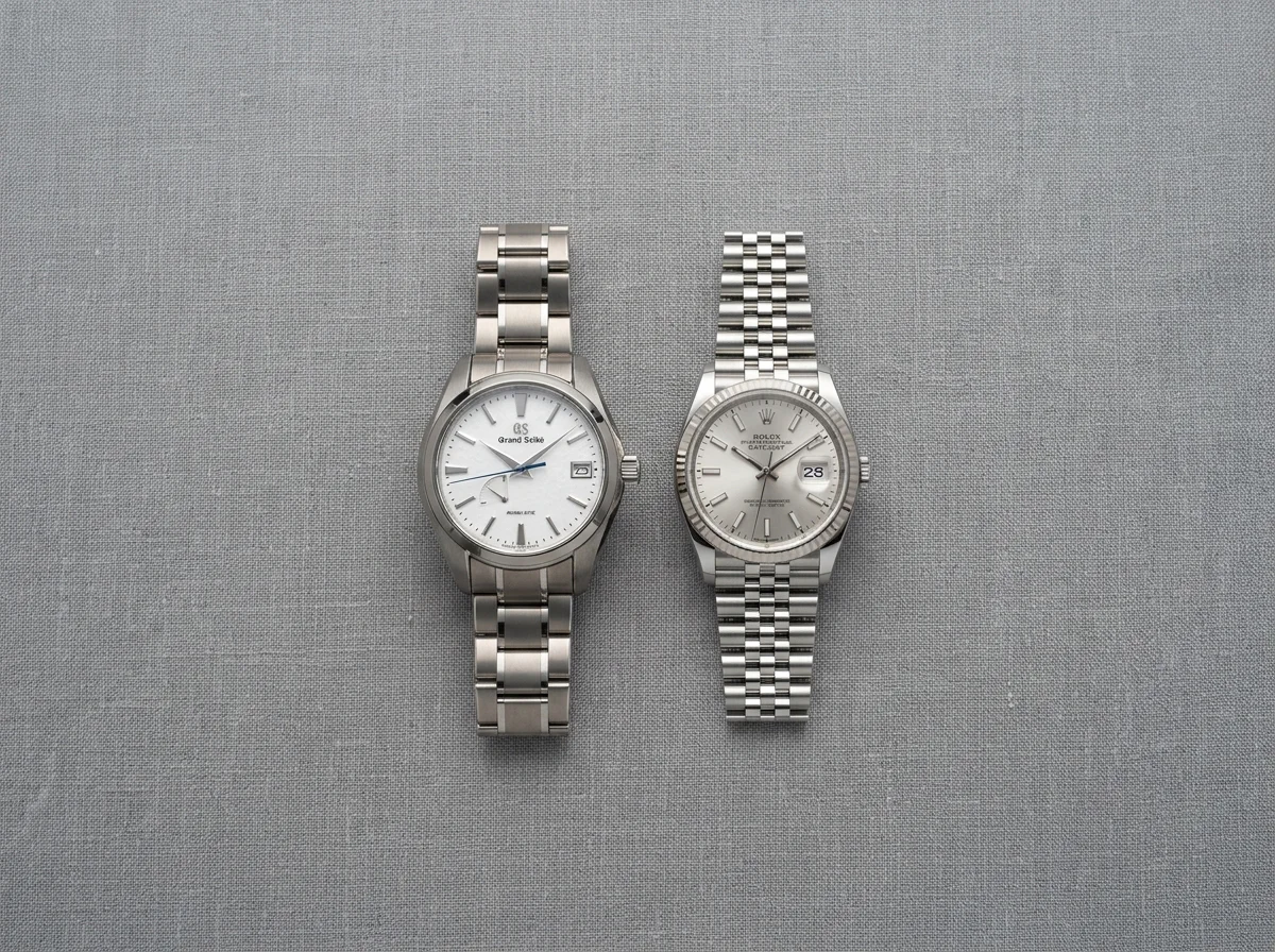 Grand Seiko Snowflake SBGA211 beside Swiss luxury watch flat lay comparison on grey linen surface, overhead light