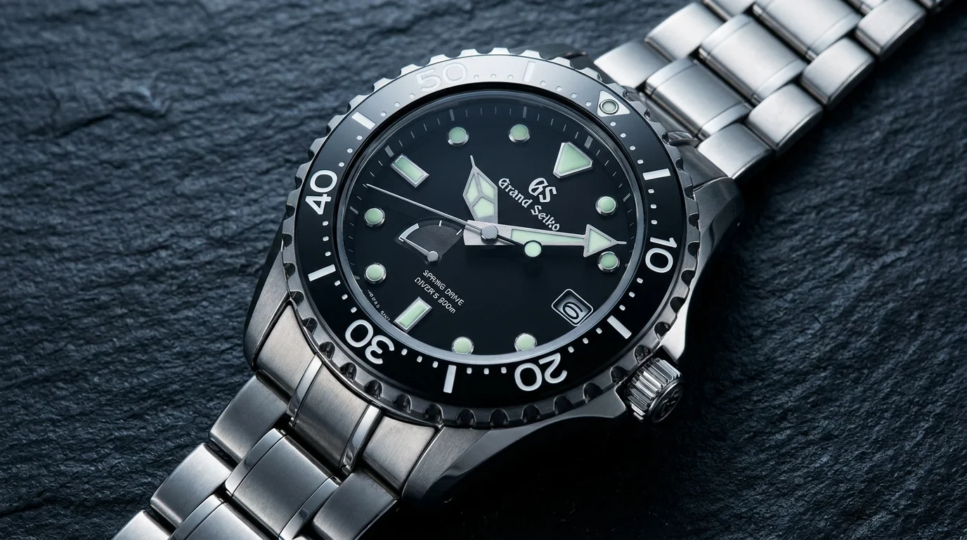 Grand Seiko Spring Drive Diver in titanium with a black dial and unidirectional bezel.