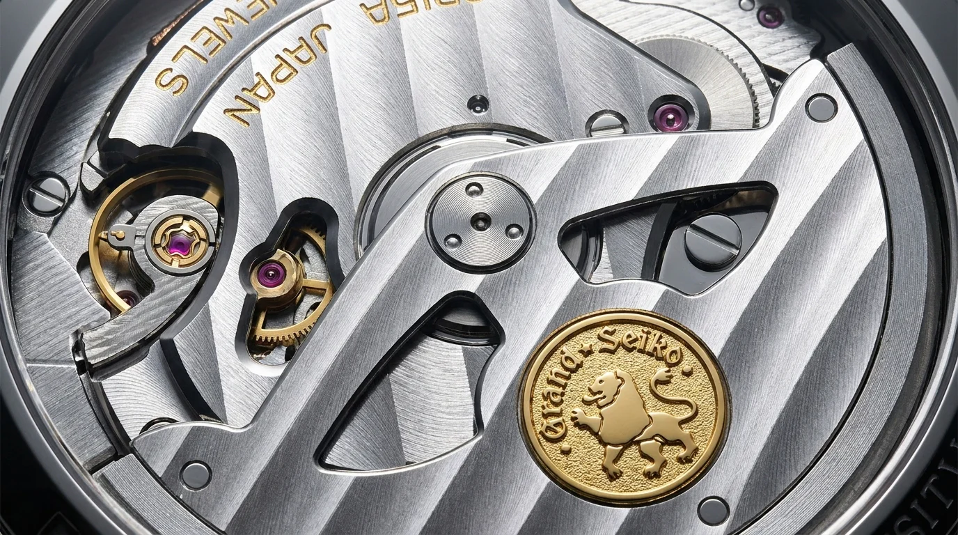 Macro view of a Grand Seiko Spring Drive movement's glide wheel regulator visible through the caseback.