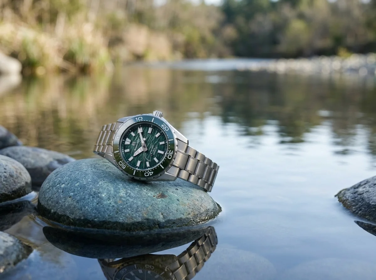 Grand Seiko Ushio 300 Diver SLGB023 Spring Drive titanium on river stone beside water, natural daylight editorial