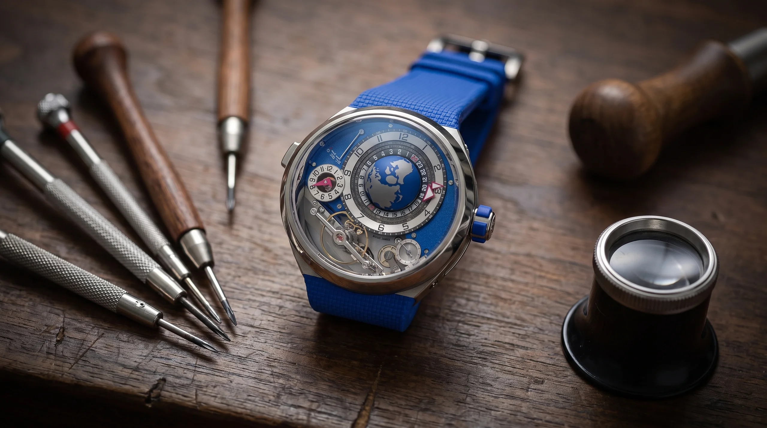 Greubel Forsey GMT Balancier Convexe watch resting on a watchmaker's bench beside tools, wide flat lay