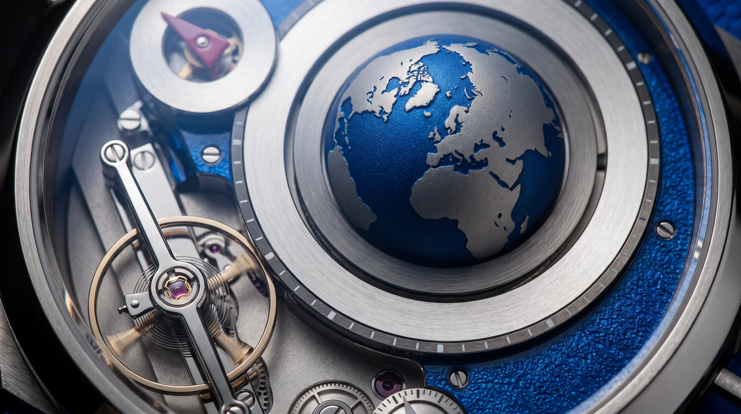 Greubel Forsey GMT Balancier Convexe dial macro showing the rotating terrestrial globe and 24-hour chapter ring