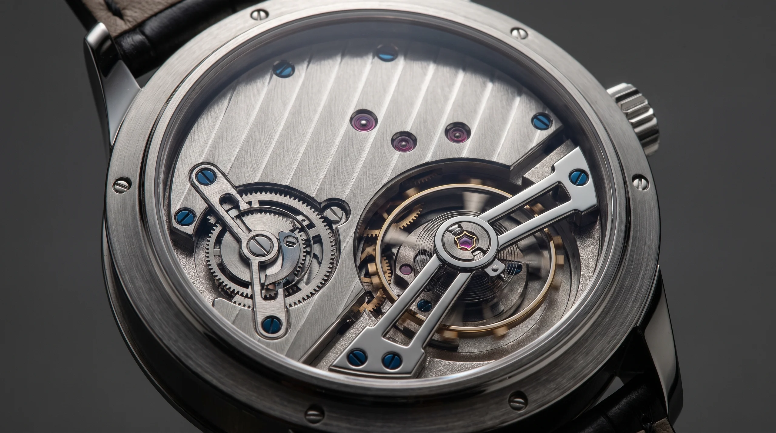 Greubel Forsey GMT Balancier Convexe movement macro showing the inclined balance wheel and hand-finished bridges