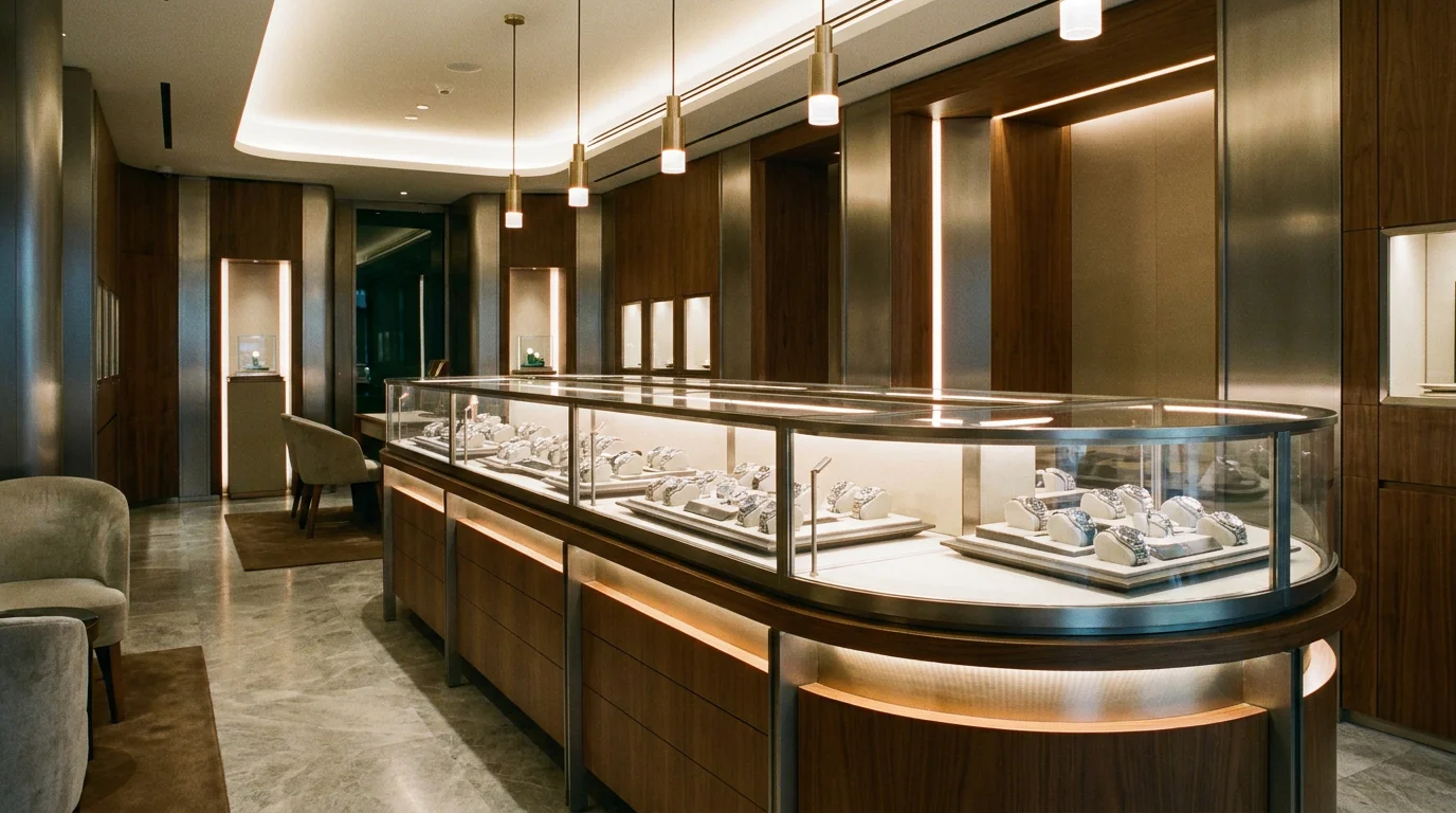 Elegant watch boutique interior with a glass display case holding several steel watches