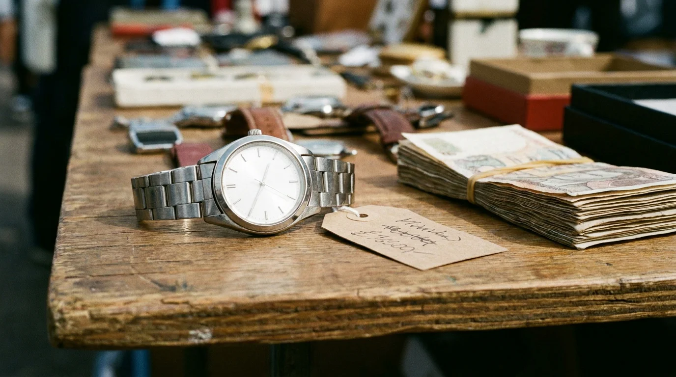 Steel wristwatch with a price tag on a table suggesting an informal secondhand marketplace