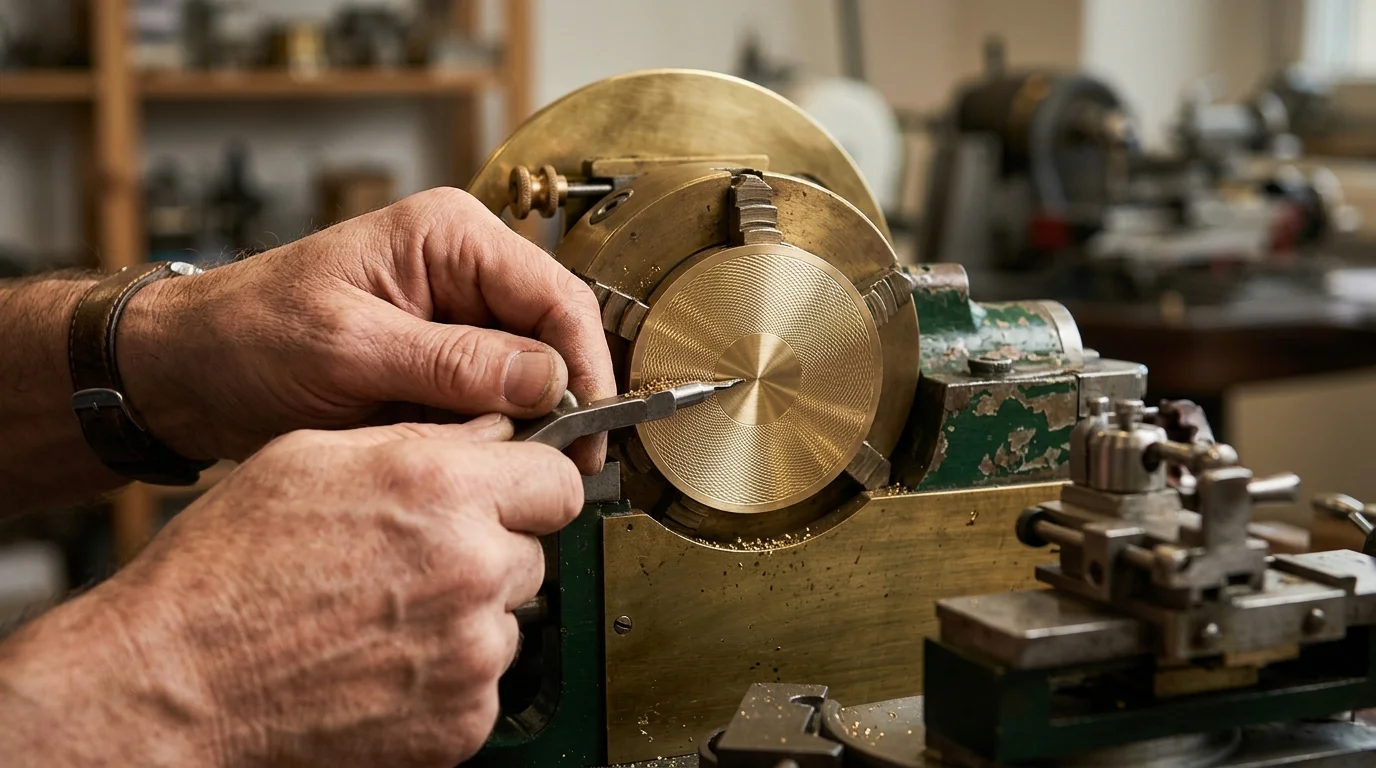 A watchmaker's hands guiding a cutting tool across a brass dial blank on a guilloche engraving machine
